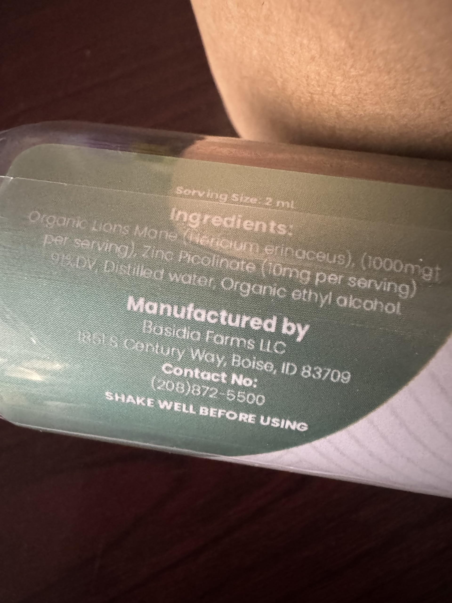 Basidia Farms LINC label zoom highlighting zinc and organic ingredients.