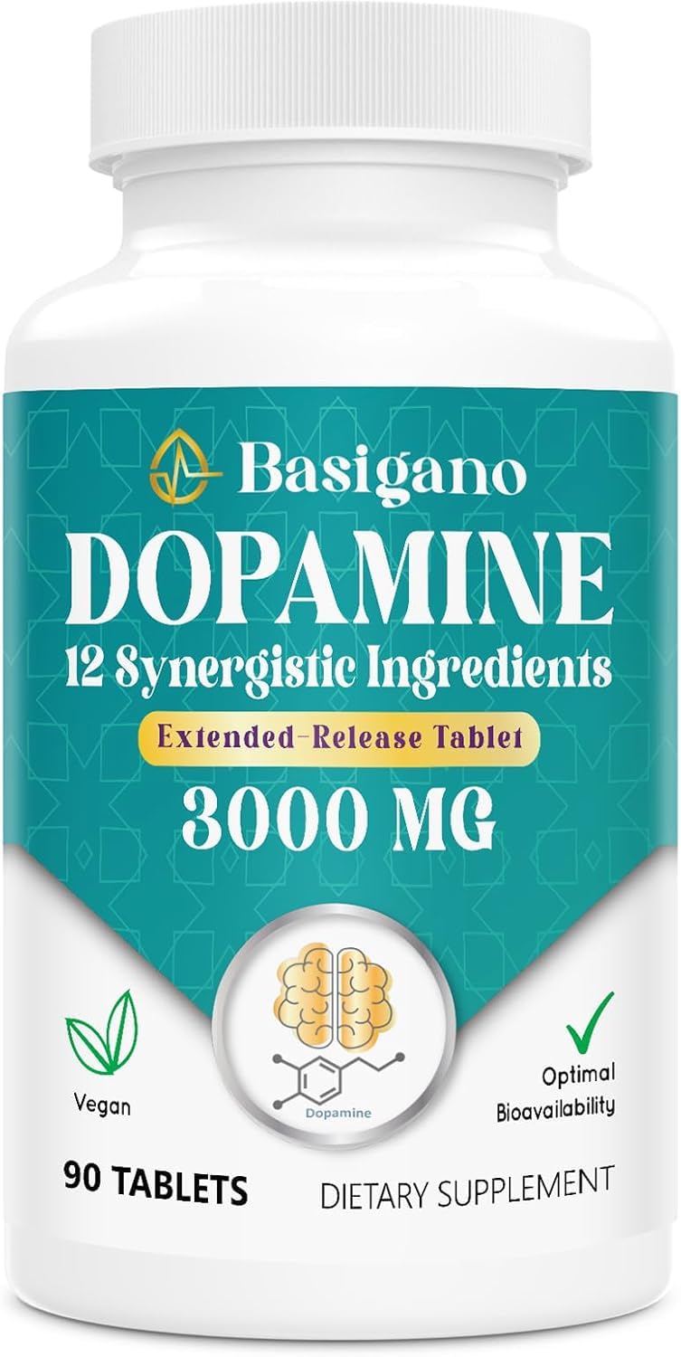 Basigano dopamine supplement bottle front view for daily balance and focus.