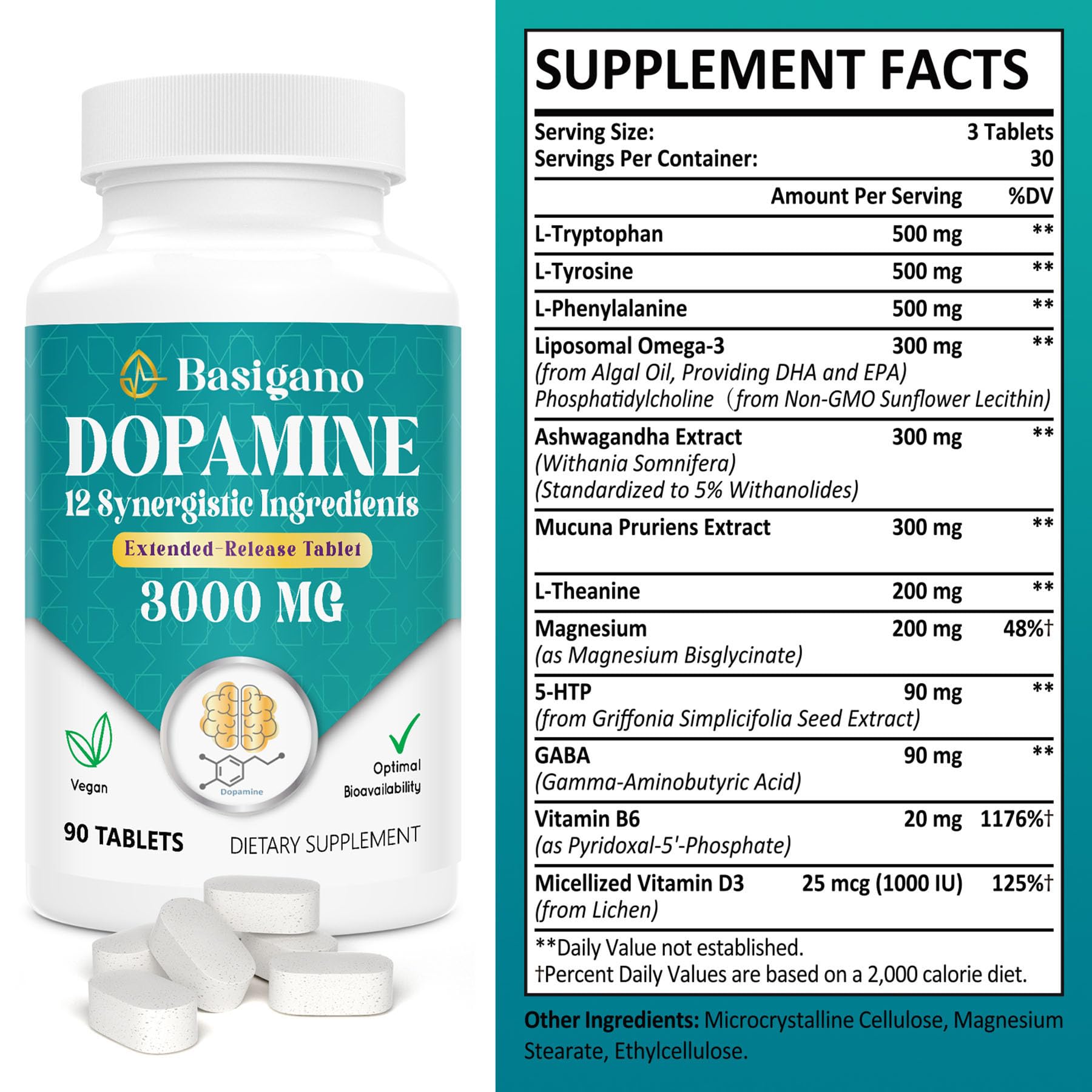 Basigano dopamine supplement ingredients blend highlights natural components for wellness.