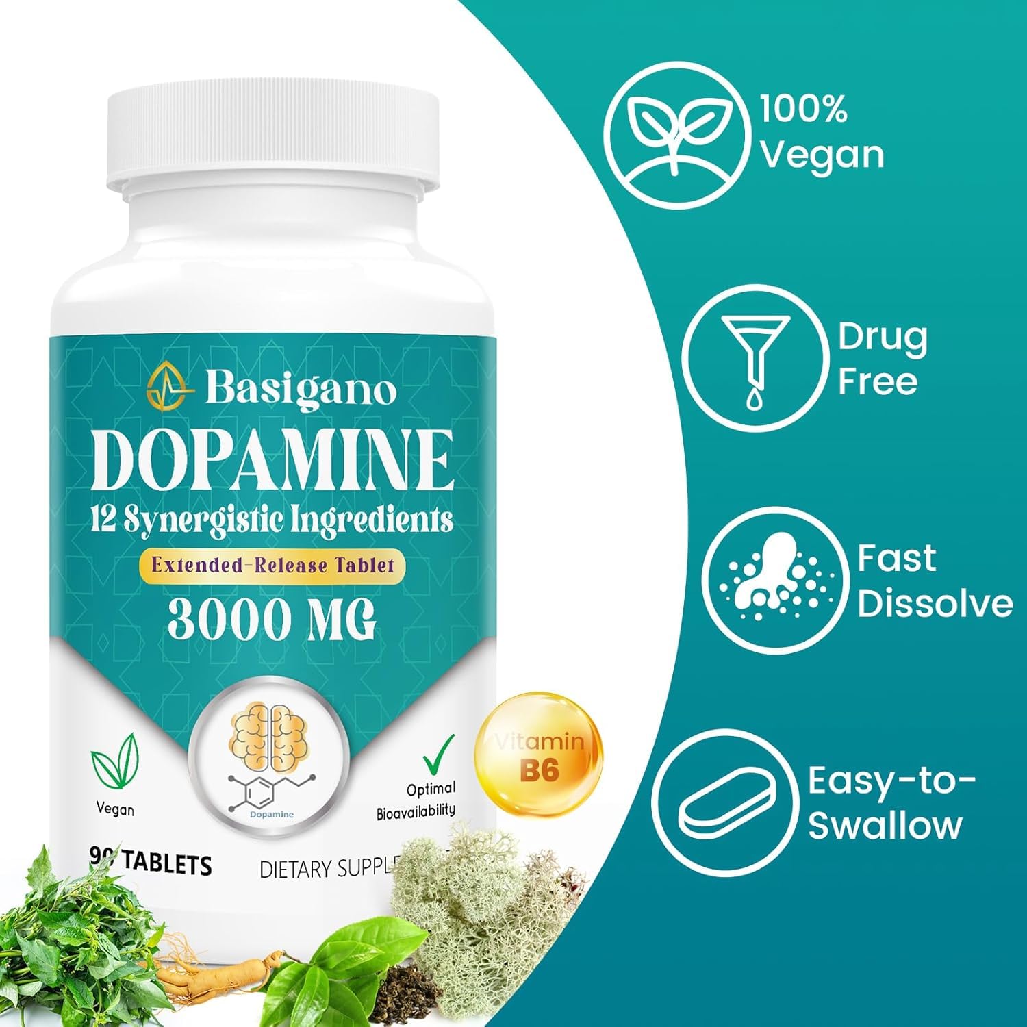 Basigano dopamine supplement packaging with 90 tablets for convenient daily use.