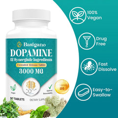 Basigano dopamine supplement packaging with 90 tablets for convenient daily use.