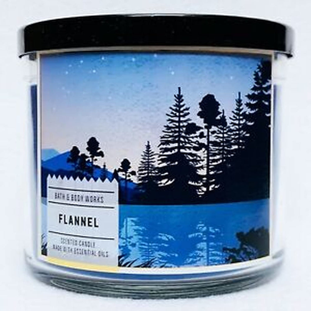 Bath & Body Works Flannel 3-Wick Candle with lid, decorative cap, and inviting aroma