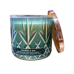 Bath and Body Works Juniper and Gin candle label closeup reveals juniper gin and lime notes.