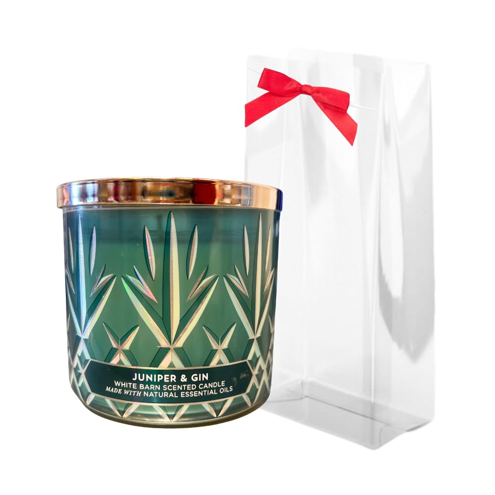 Bath and Body Works Juniper and Gin 3-Wick Candle gift set with red bow for festive ambiance.