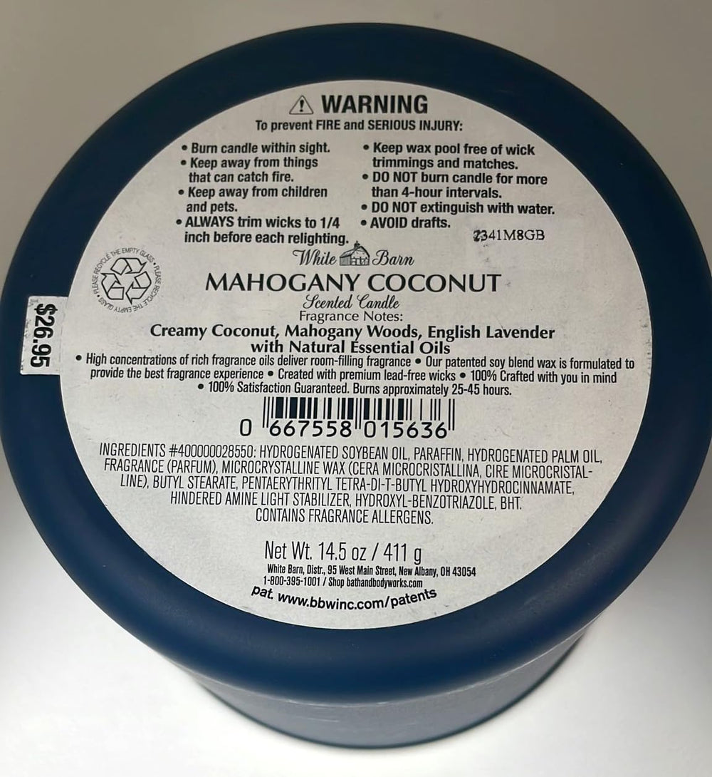 Bath and Body Works Mahogany Coconut 3-Wick Candle cream wax closeup reveals rich aroma.