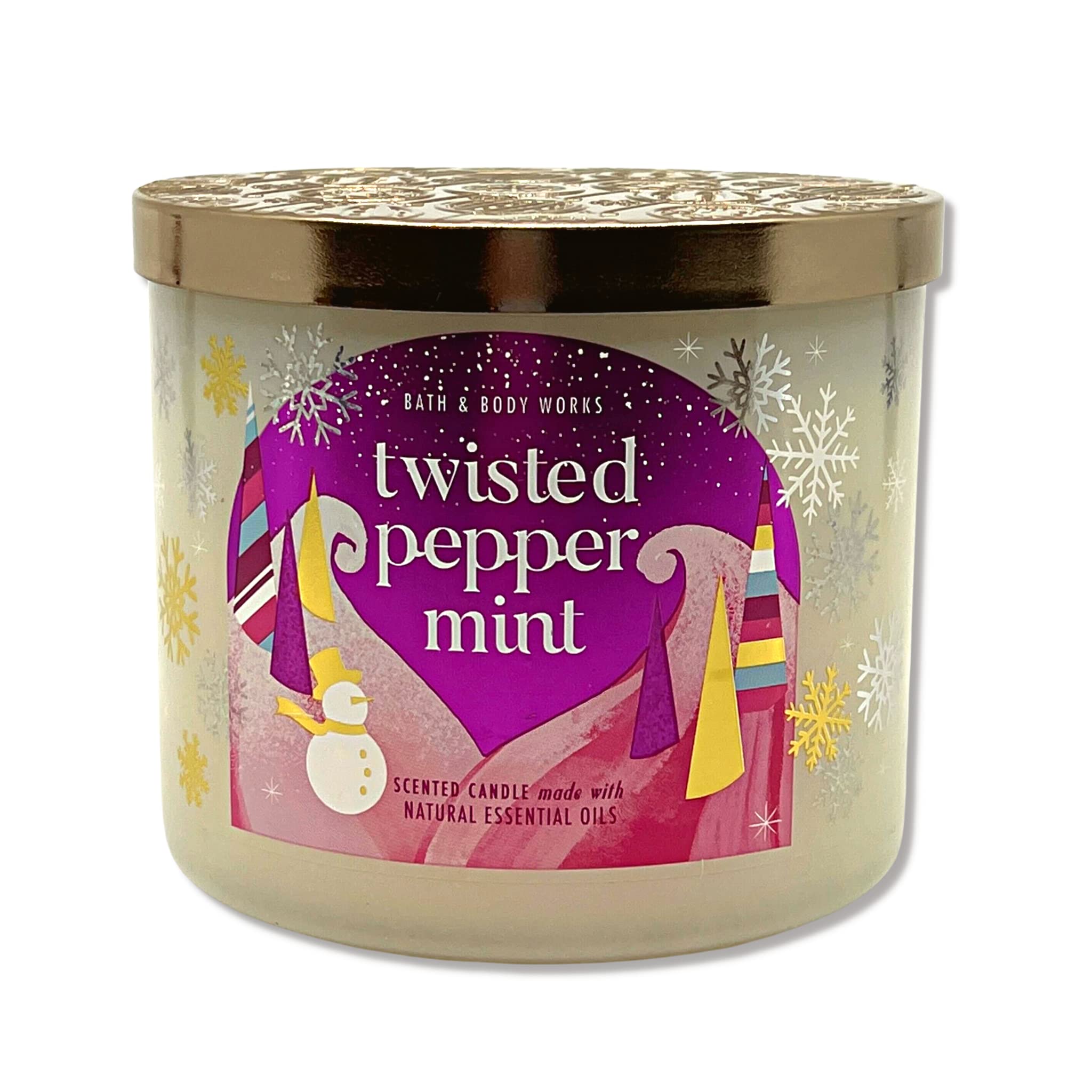 Bath & Body Works Twisted Peppermint 3-wick candle jar delivers festive fragrance in living rooms.