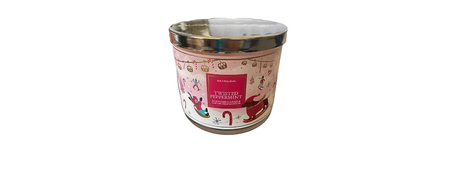 Bath & Body Works Twisted Peppermint candle label art for festive ambiance.