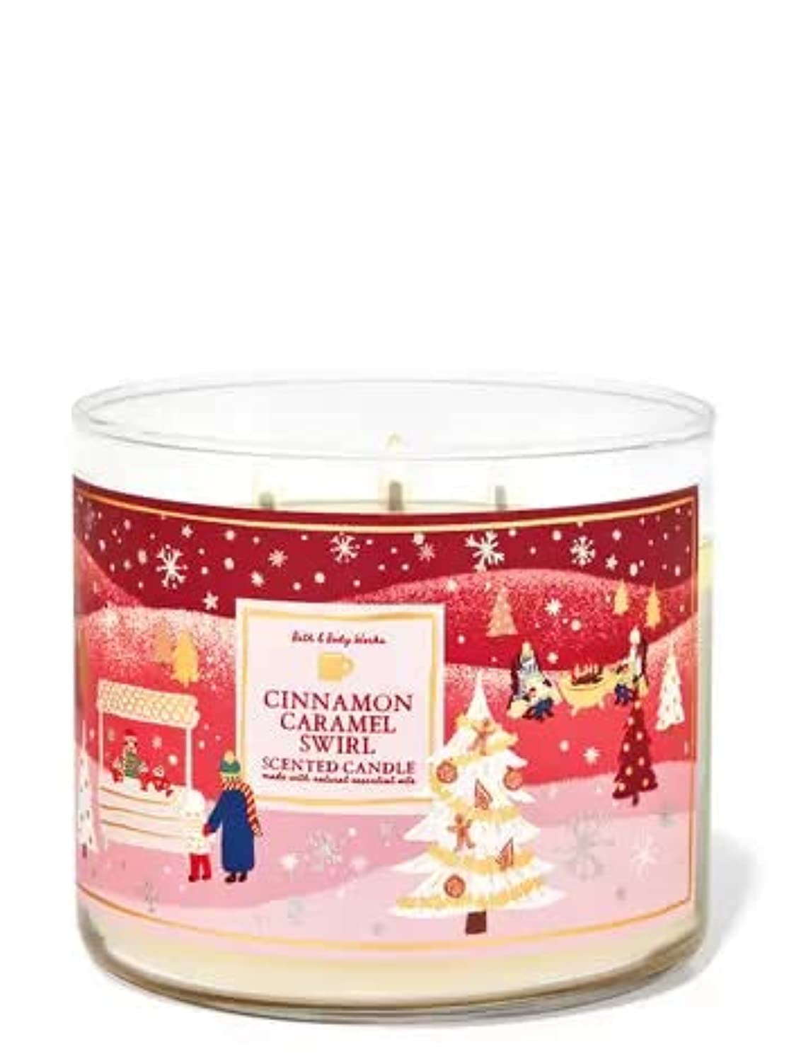 Bath & Body Works White Barn Cinnamon Caramel Swirl 3-Wick Candle with essential oils for cozy evenings.