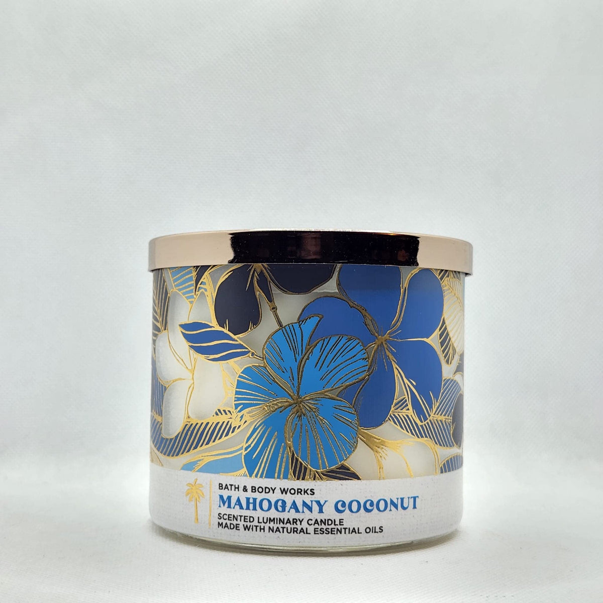 Bath & Body Works White Barn 3-Wick Candle with mahogany coconut scent for cozy spaces.
