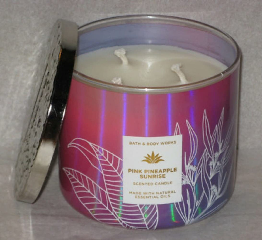 Bath & Body Works White Barn 3-Wick Candle with essential oils; long-lasting Pink Pineapple Sunrise fragrance.