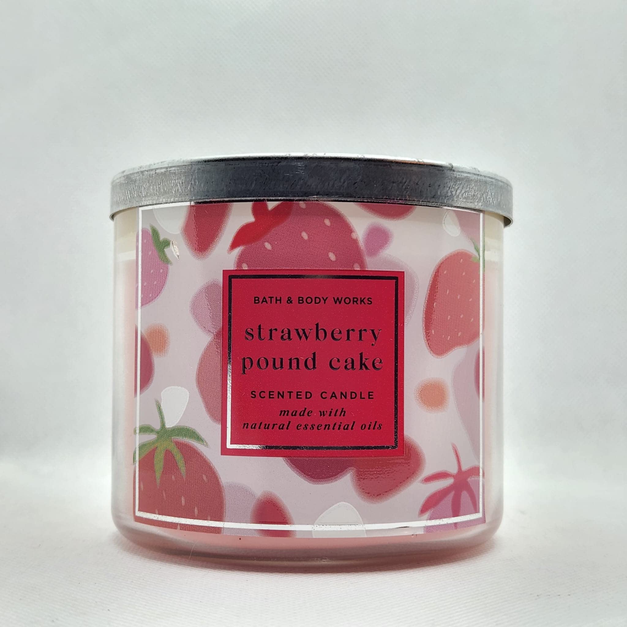 Bath & Body Works White Barn Strawberry Pound Cake candle, 3-wick, lasting spring fragrance for cozy spaces.