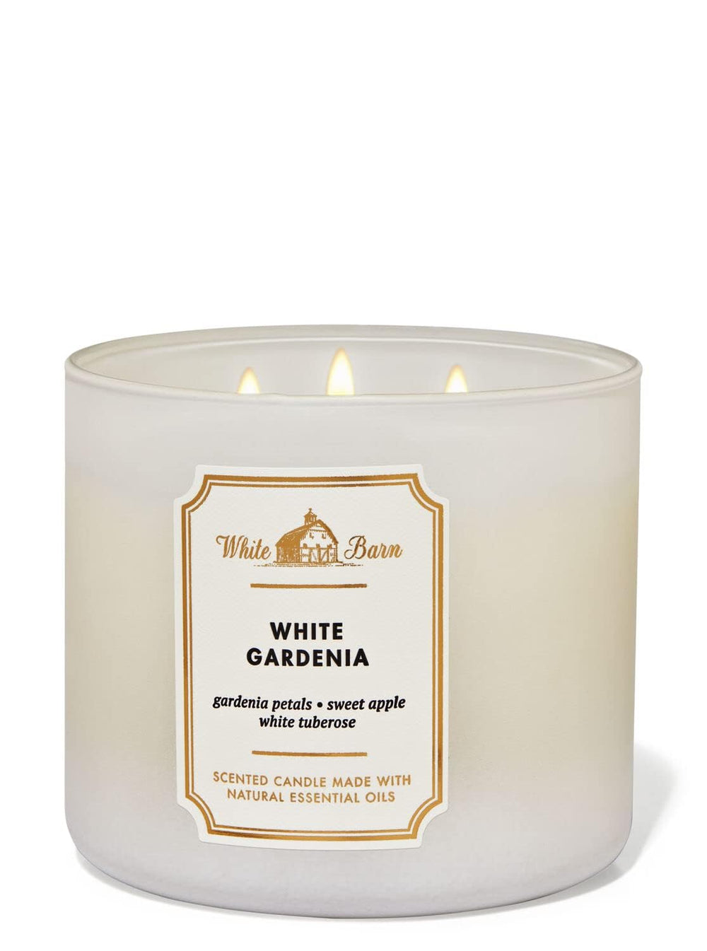 Detail of the White Barn 3-Wick Candle label featuring White Gardenia scent