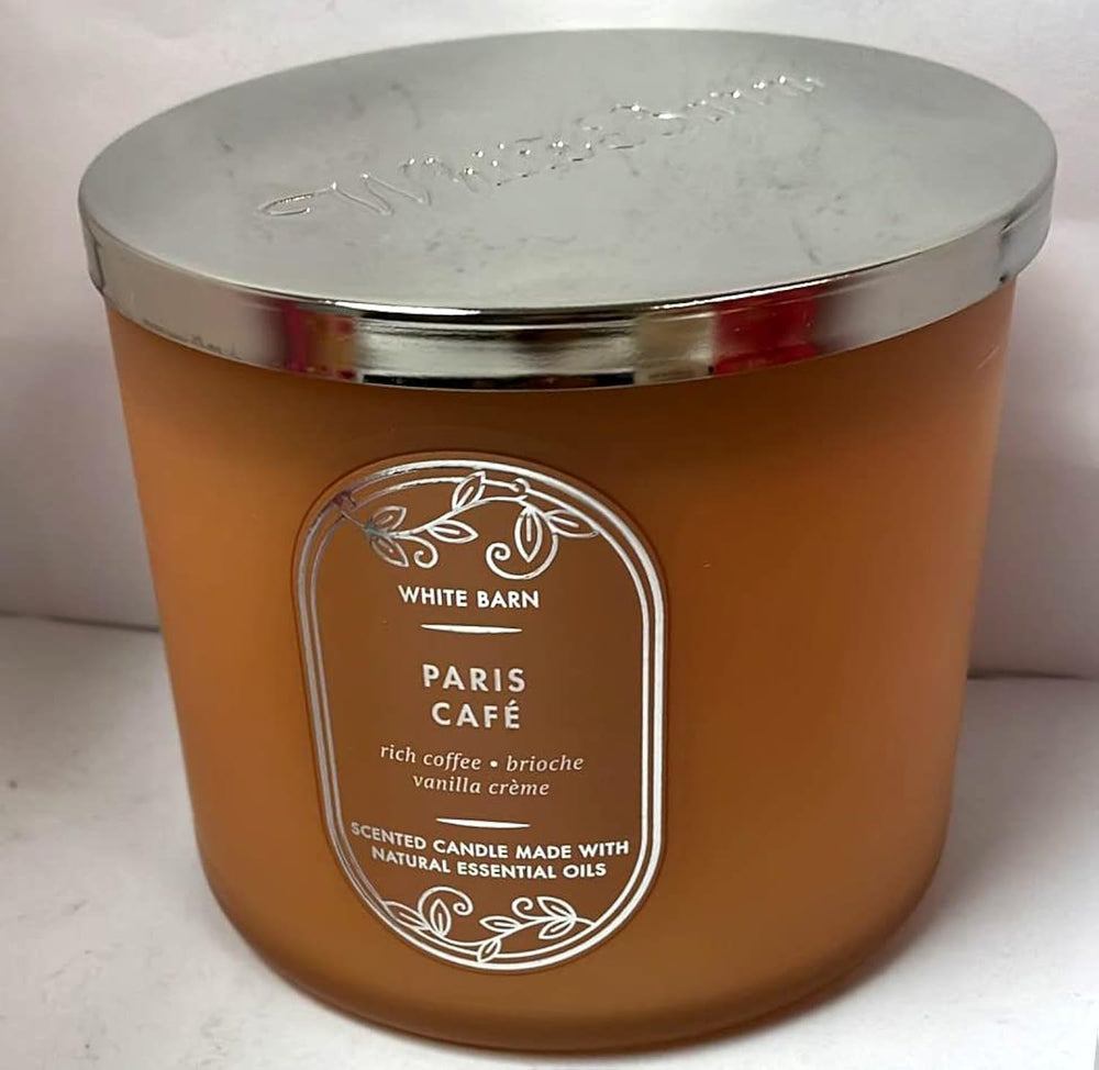 Bath & Body Works White Barn 3-Wick Candle ParisCafe – warm coffee aroma for relaxing evenings.