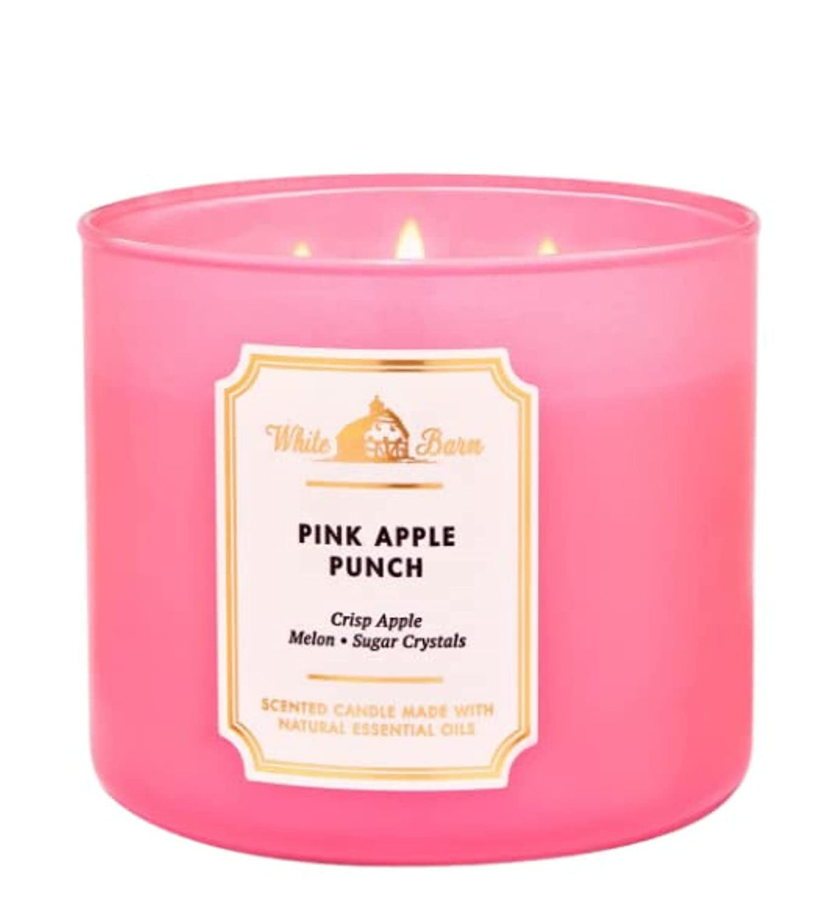 Bath and Body Works White Barn 3-Wick Candle Pink Apple Punch fills rooms with vibrant fragrance.