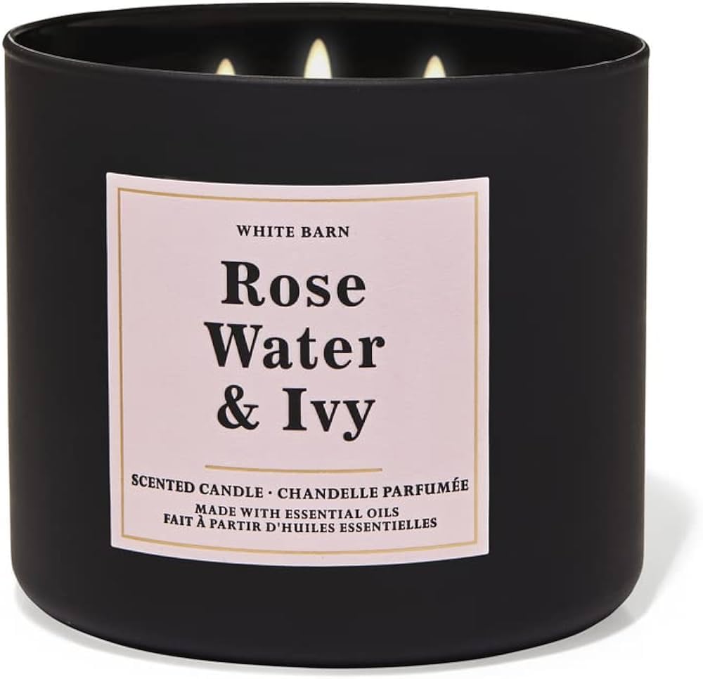 Bath & Body Works White Barn 3-Wick Candle with Rose Water & Ivy close-up of lid enhances ambiance