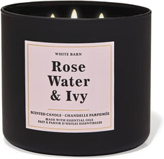 Bath & Body Works White Barn 3-Wick Candle with Rose Water & Ivy close-up of lid enhances ambiance