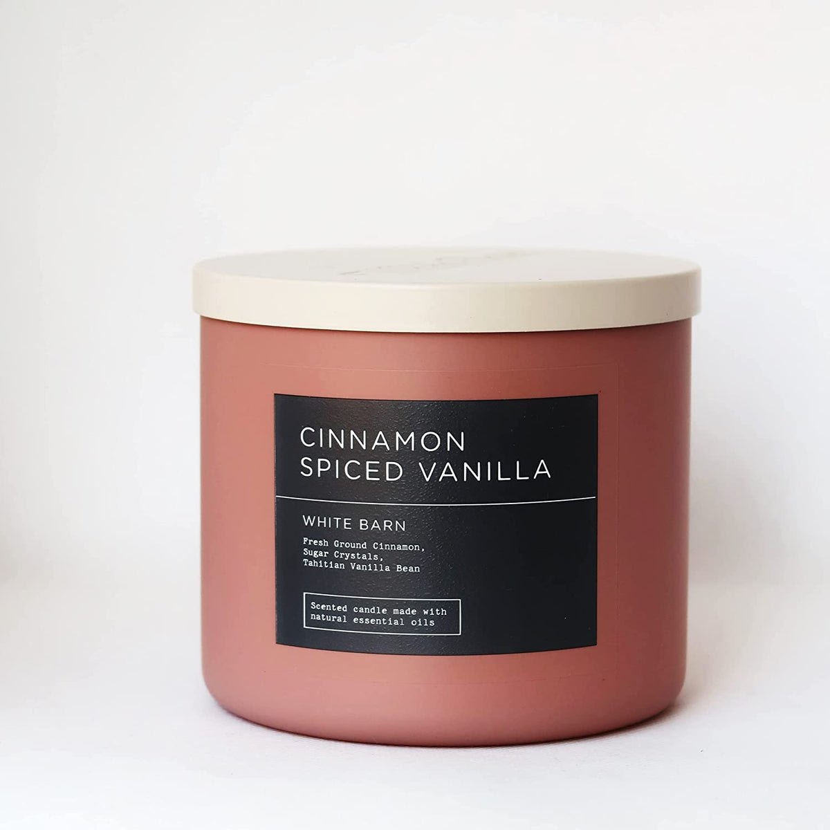 Bath & Body Works White Barn Cinnamon Spiced Vanilla 3-Wick Candle jar for cozy home fragrance.