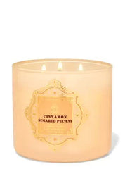 Bath and Body Works White Barn Cinnamon Sugared Pecans candle product shot highlighting festive three-wick design