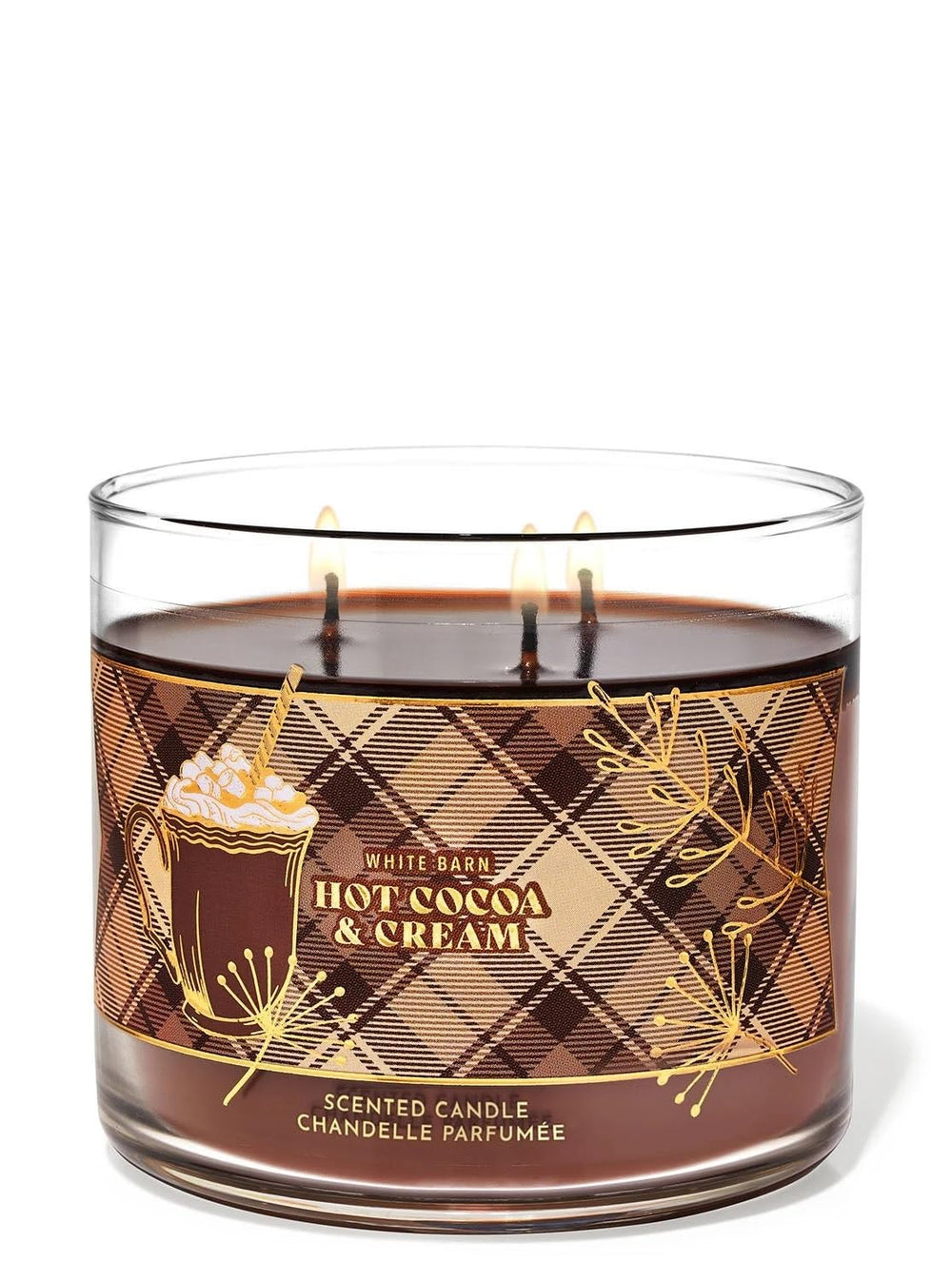 Bath & Body Works White Barn Hot Cocoa & Cream 3-wick candle front view for cozy ambiance