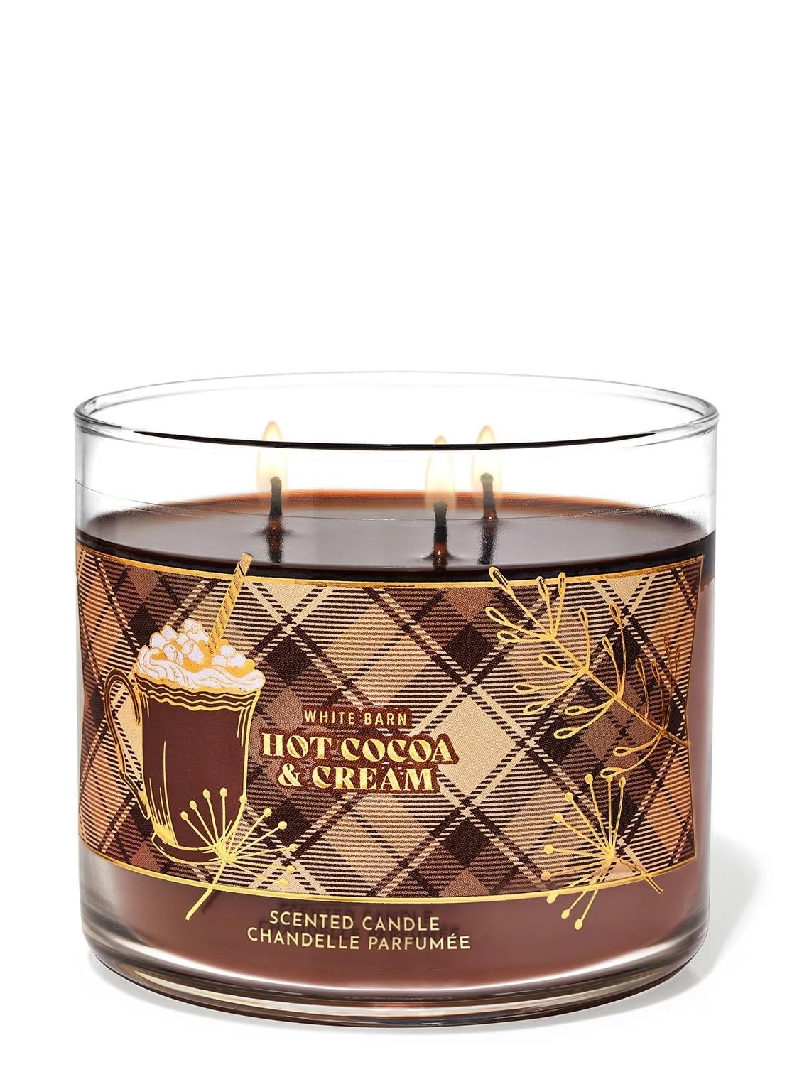 Bath & Body Works White Barn Hot Cocoa & Cream 3-wick candle front view for cozy ambiance