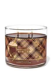 Bath & Body Works White Barn Hot Cocoa & Cream 3-wick candle close-up label showing gift appeal