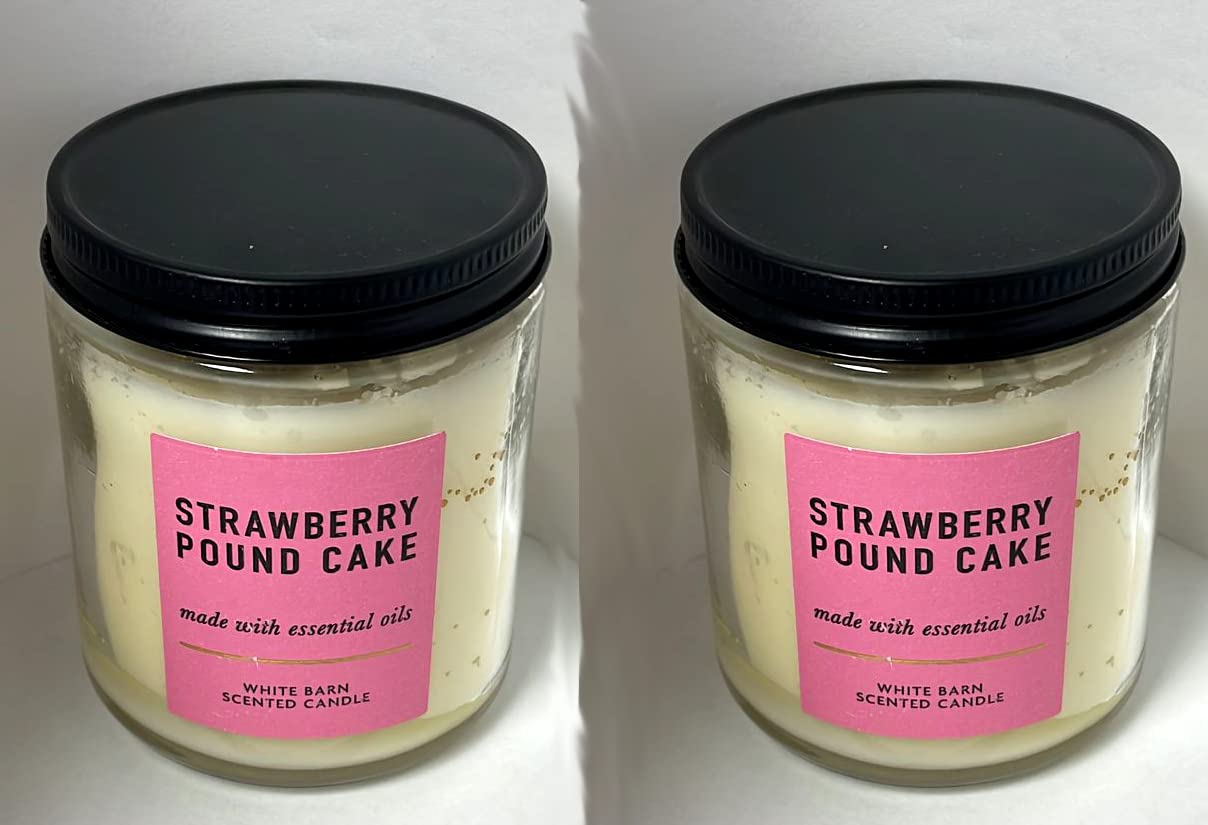 Bath & Body Works Strawberry Pound Cake candle tin front in soft pink and white for cozy ambiance