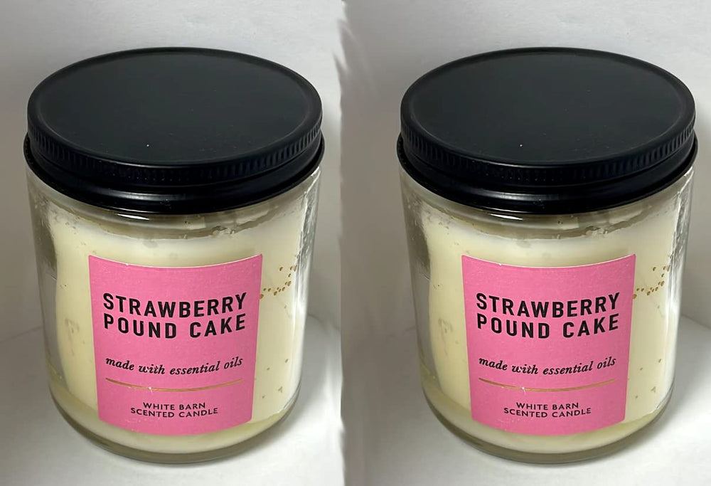 Bath & Body Works Strawberry Pound Cake candle tin front in soft pink and white for cozy ambiance
