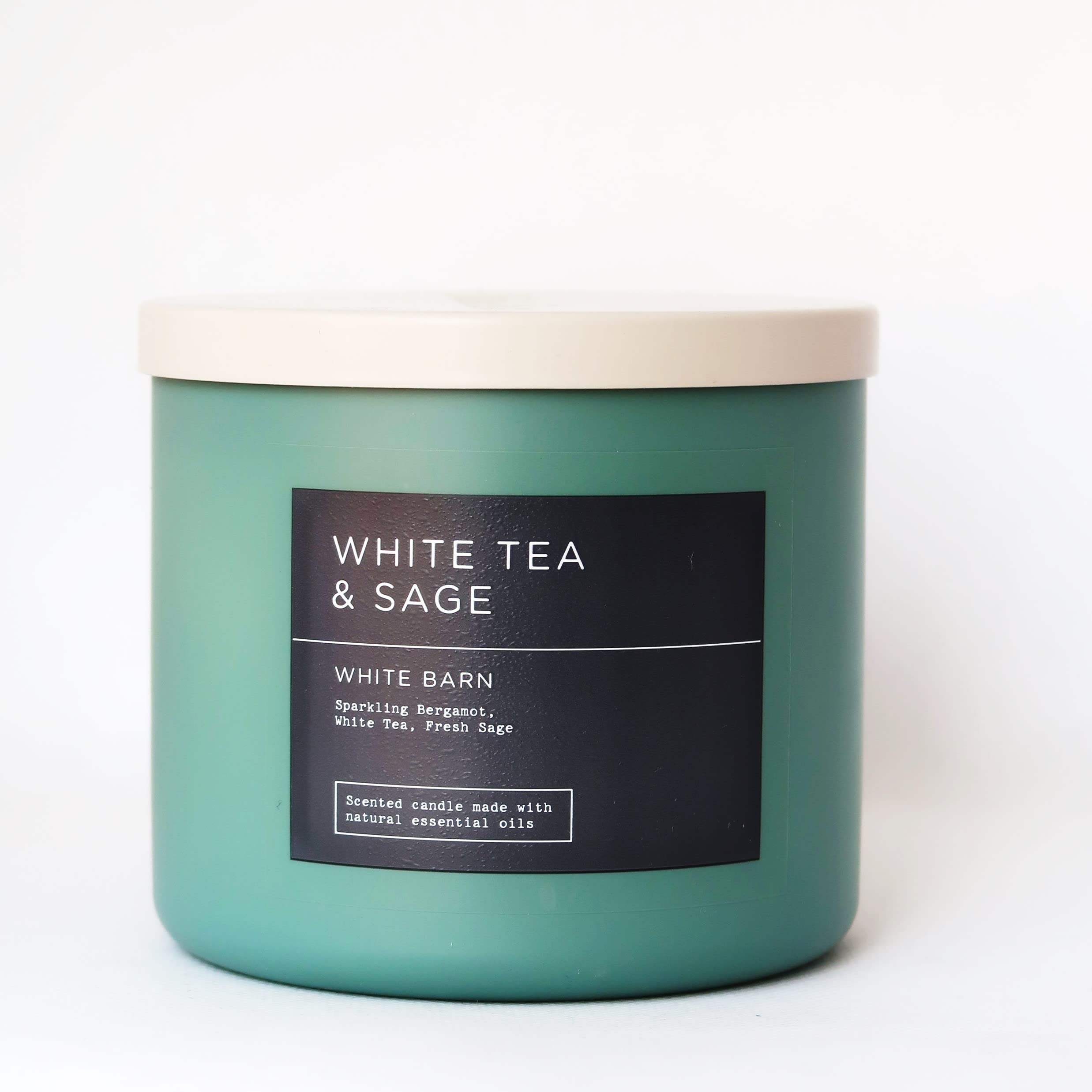 Bath & Body Works White Tea & Sage 3-Wick Candle jar for calming ambiance.
