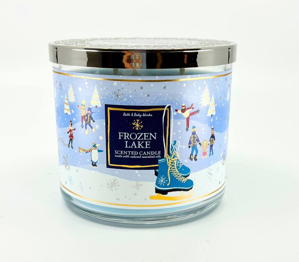 Bath & Body Works White Barn 3-Wick Candle Frozen Lake front view enhances cozy winter ambiance.