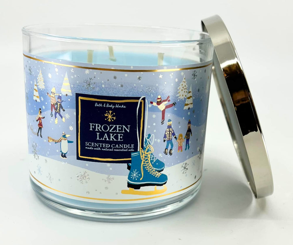 Bath & Body Works White Barn 3-Wick Candle Frozen Lake wick-closeup reveals premium essential oil cues.