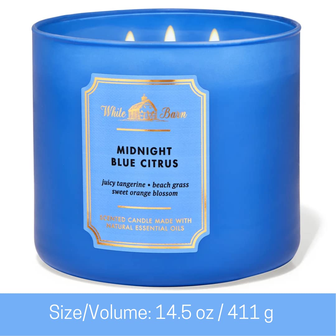 Bath and Body Works White Barn 3-Wick Candle Midnight Blue Citrus soft glow for evenings.