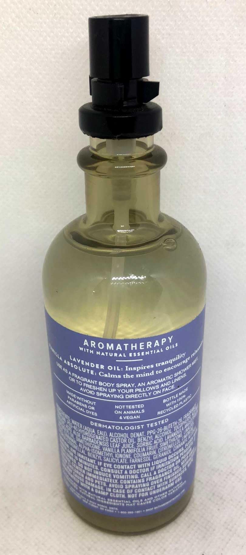 Closeup of Bath & Body Works Pillow Mist spray showing calming aromatherapy mist.