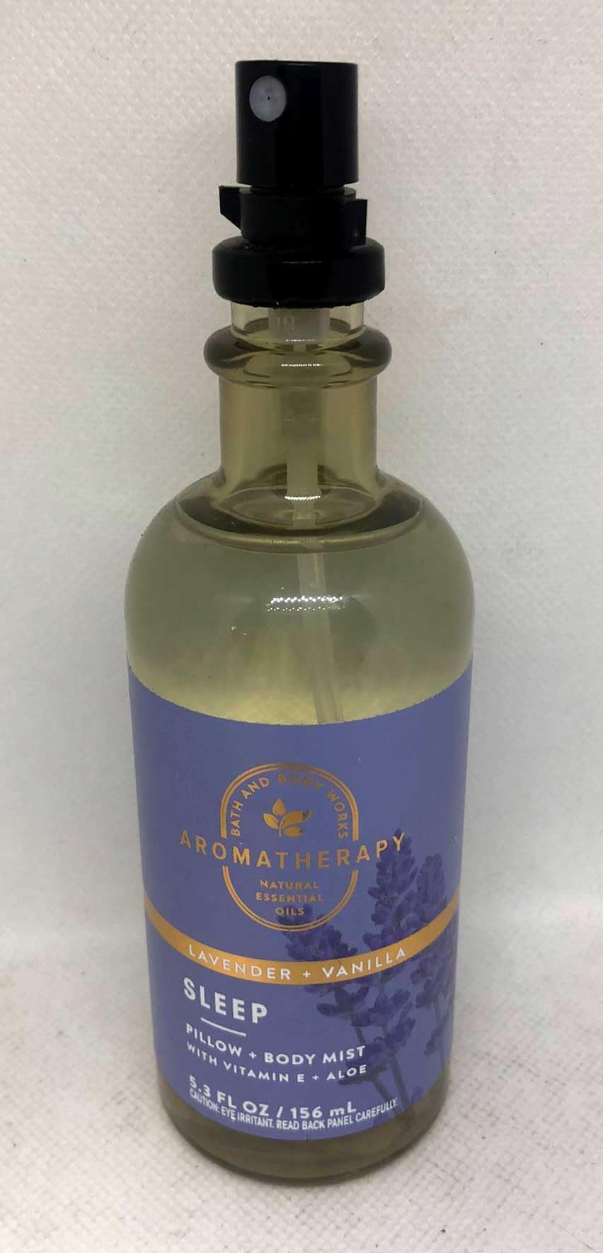 Bath & Body Works Aromatherapy Pillow Mist bottle with lavender-vanilla scent for restful sleep.
