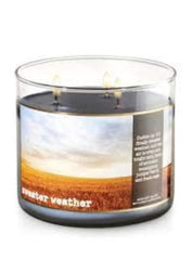 Bath & Body Works Home Sweater Weather candle with three-wick design for a warm fall atmosphere.