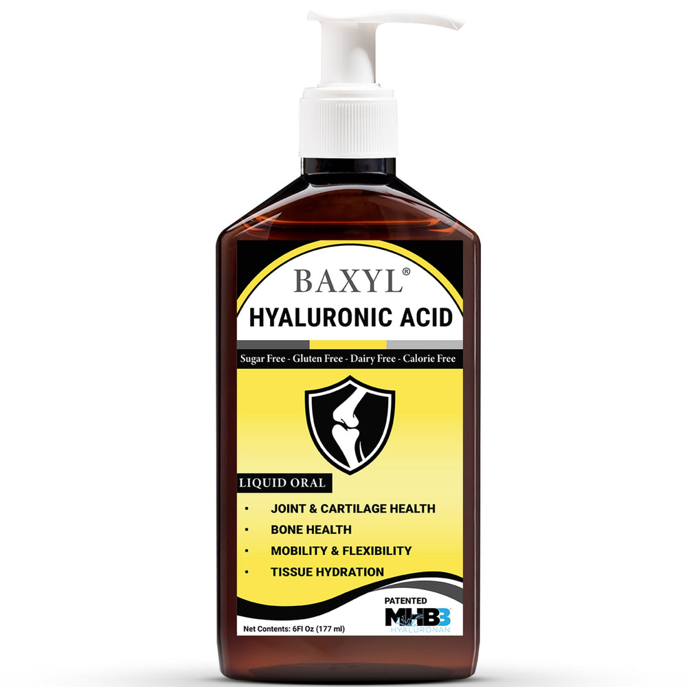 BAXYL liquid hyaluronic acid bottle for joint support and daily ease.
