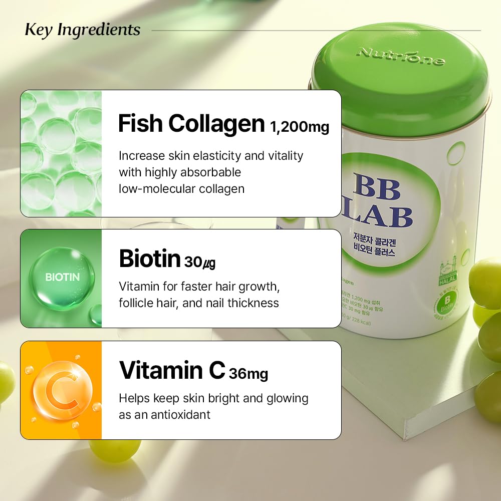 BB LAB ingredients panel shows biotin, vitamin C, elastin peptide, milkceramide.