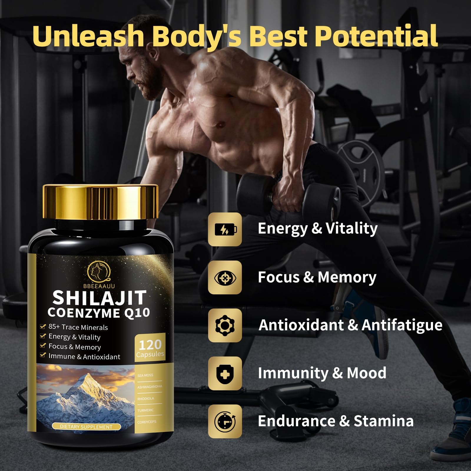 BBEEAAUU Shilajit with CoQ10 blend bottle for endurance support