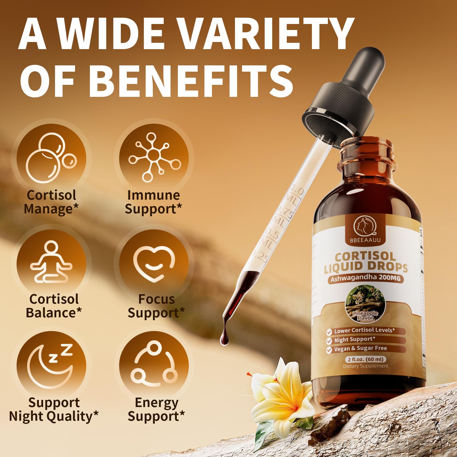 BBEEAAUU cortisol supplements bottle pour shows quick absorption potential.