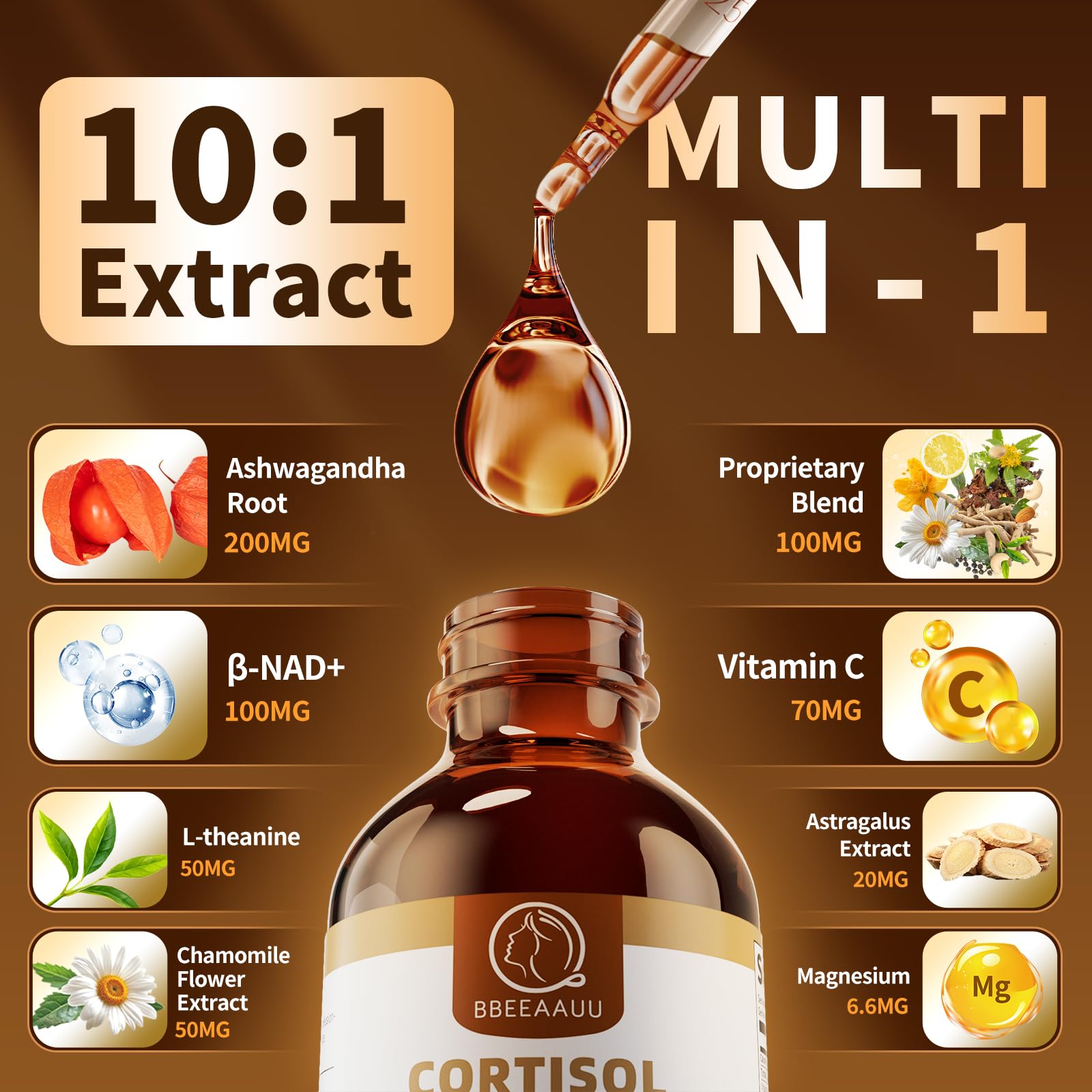 BBEEAAUU cortisol supplements focus energy drops for steady daytime energy.