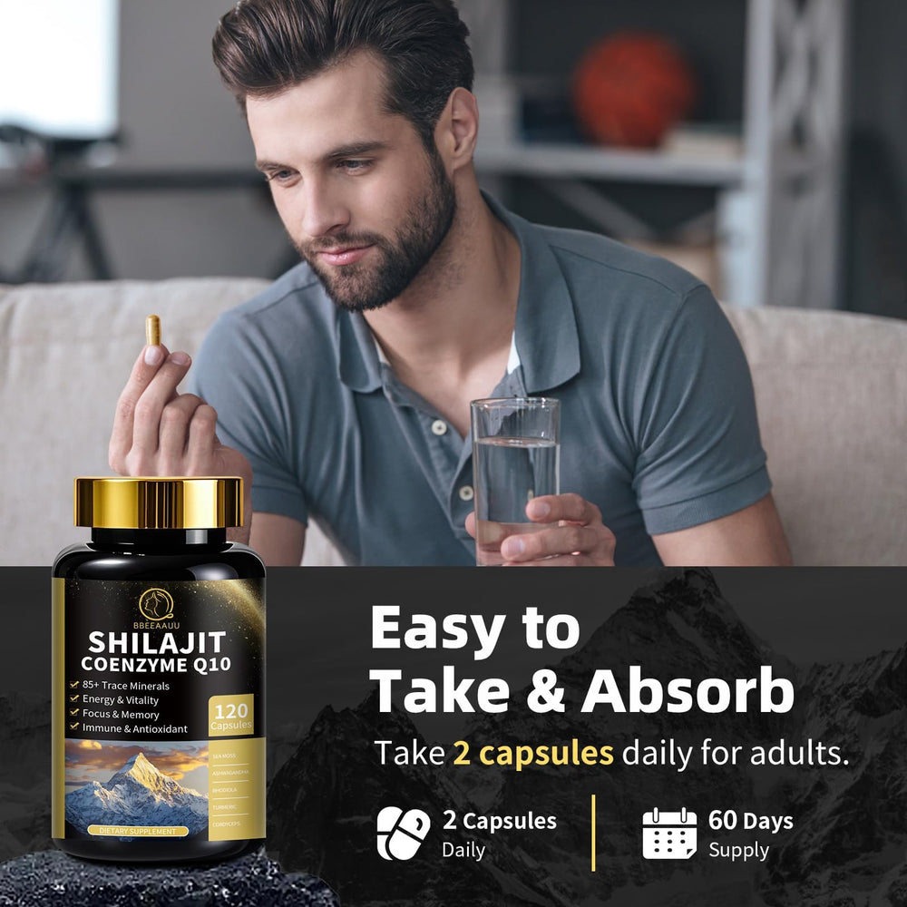 Boxed BBEEAAUU Shilajit set beside a glass of water