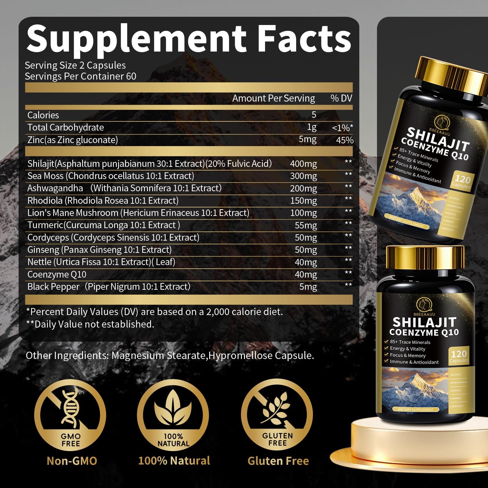 Close-up of BBEEAAUU Shilajit capsules with ashwagandha details