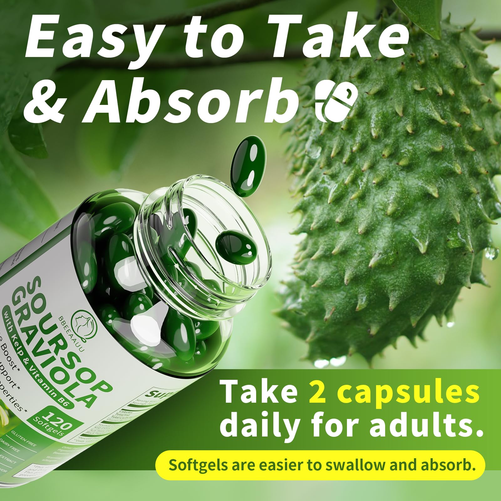 BBEEAAUU label close-up with 220mg soursop and 206mg kelp details