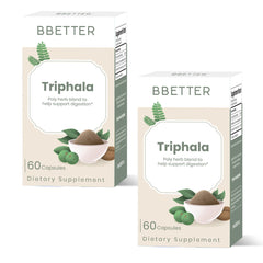 BBETTER Triphala bottle close-up highlighting the label for digestion support.