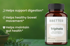 BBETTER Triphala bottle pour demonstrating gentle elimination benefits.