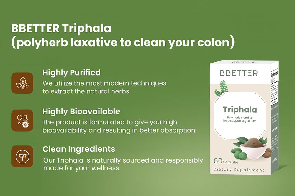 BBETTER Triphala ingredients: Amla, Haritaki, Bibhitaki for gut balance.
