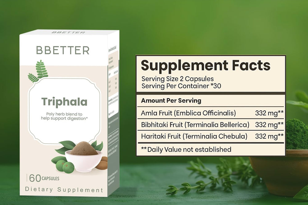 BBETTER Triphala label detail showing dosage and product information.