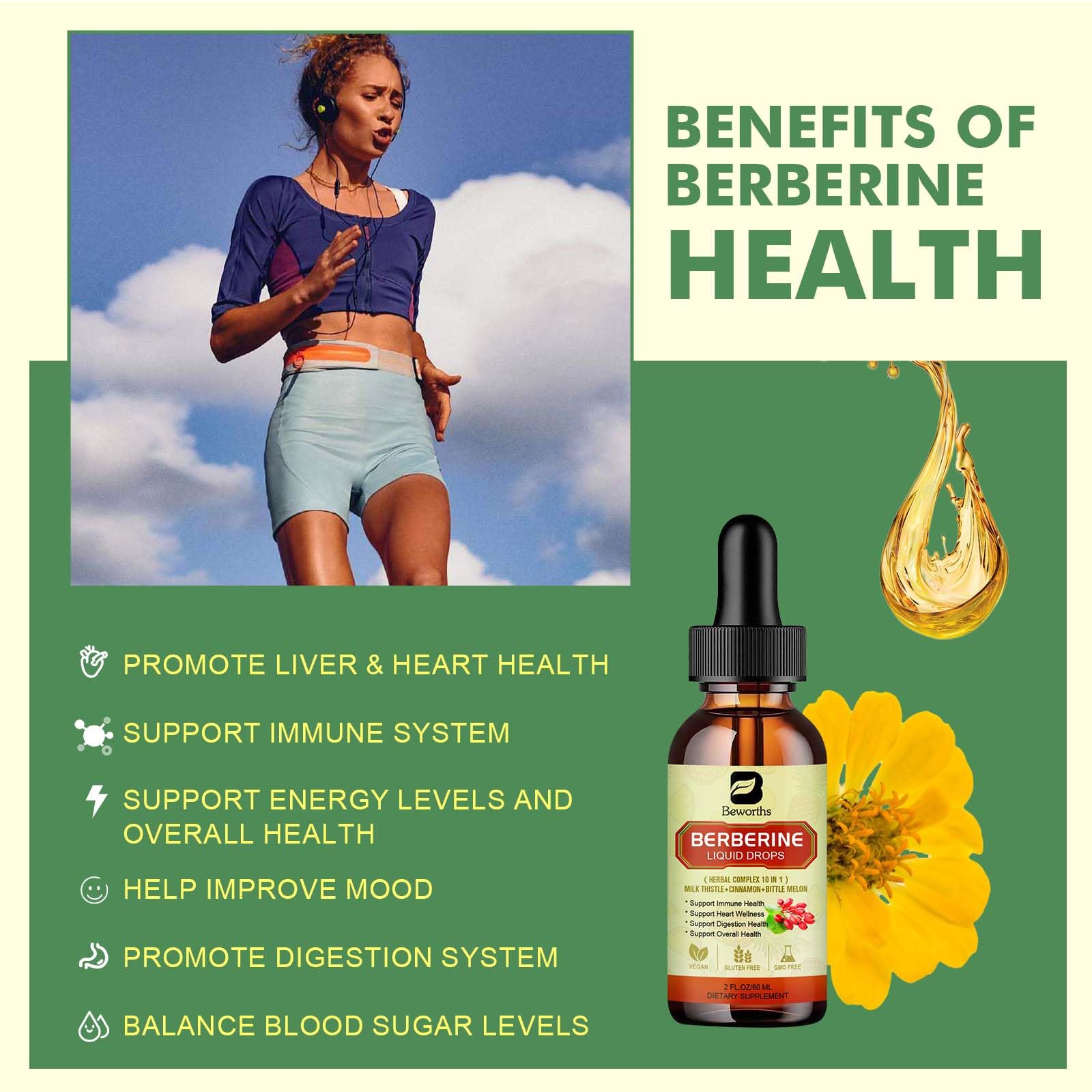 B BEWORTHS Berberine drops in water showing simple daily routine.