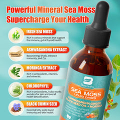 B BEWORTHS Sea Moss Drops in a glass shows mineral-rich formula for vitality.