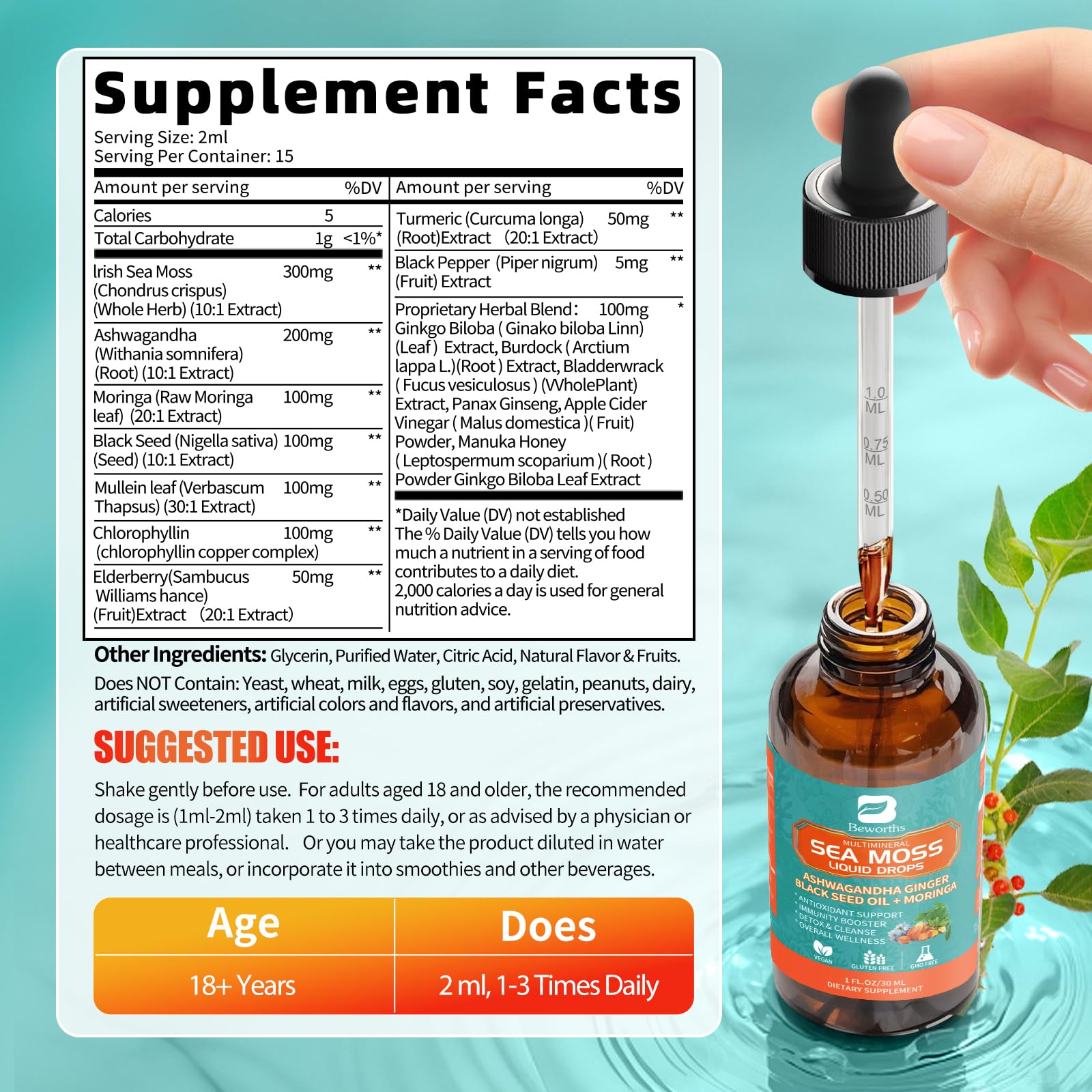 Liquid texture of Sea Moss Drops suggests fast absorption and quick nutrient delivery.