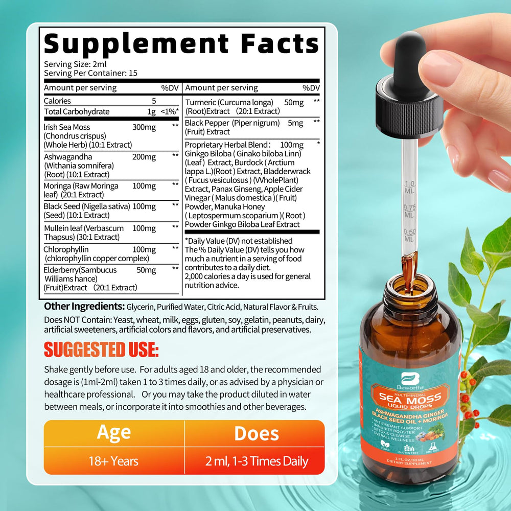 Liquid texture of Sea Moss Drops suggests fast absorption and quick nutrient delivery.